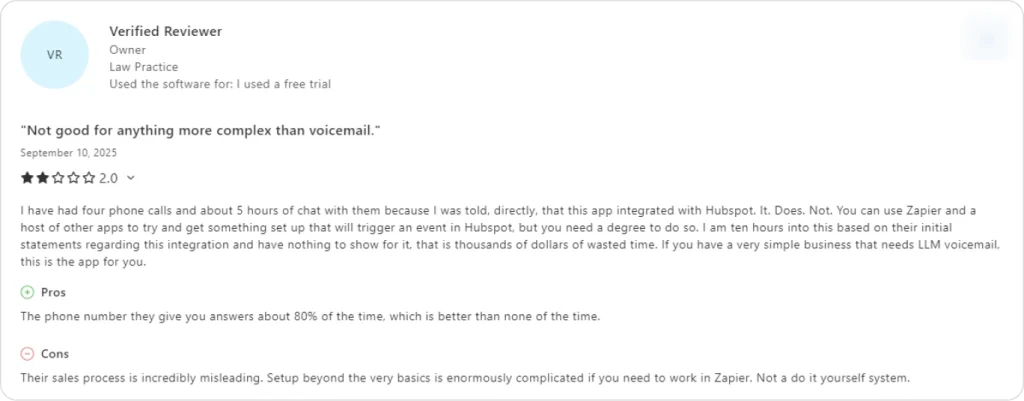 Critical review noting setup issues and poor performance compared to an AI phone answering system.