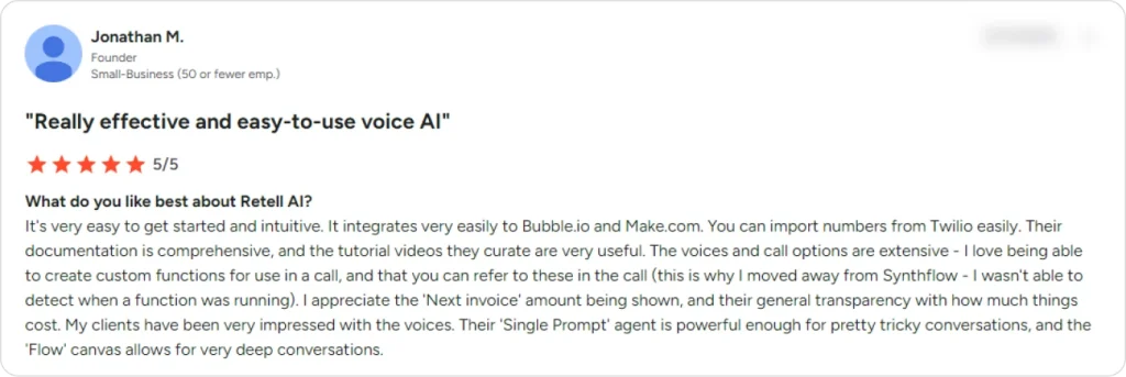 Five-star review praising an easy-to-use AI phone answering system and its strong voice AI features.