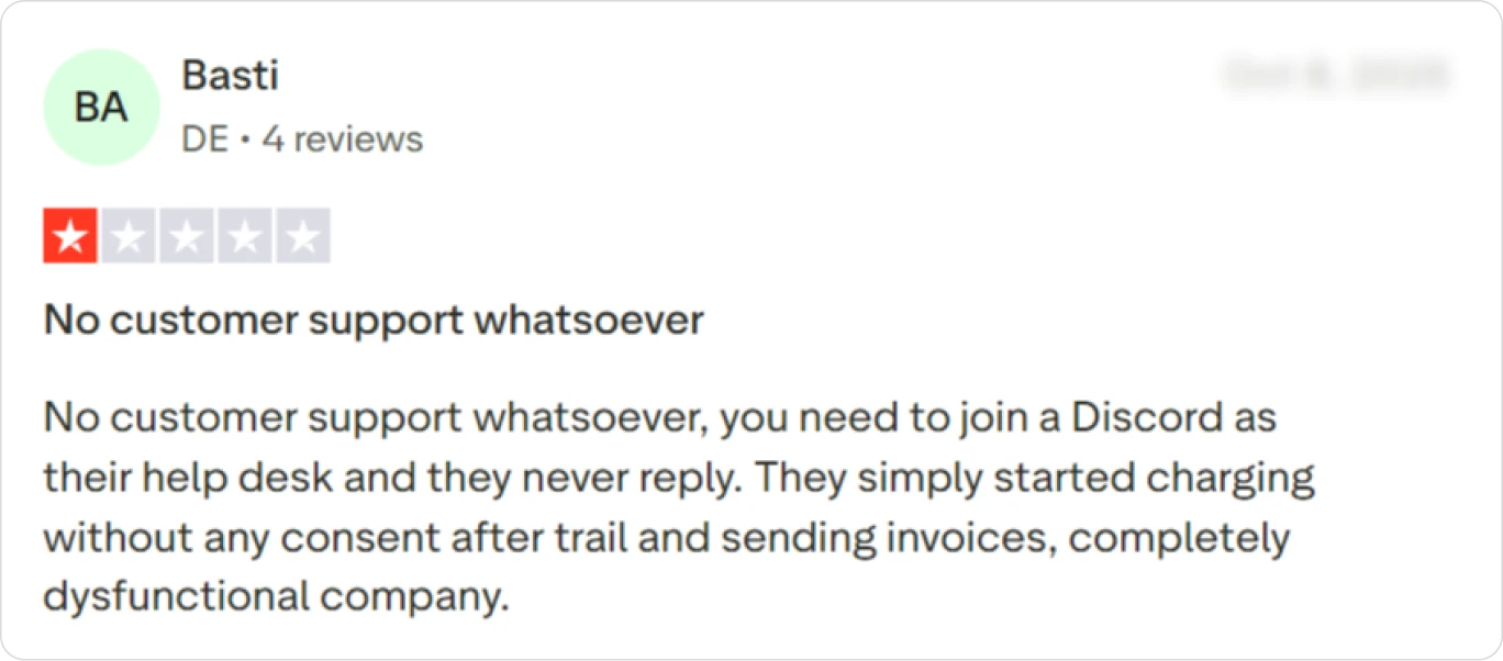 One-star review citing poor support and highlighting the need for an AI phone answering system.