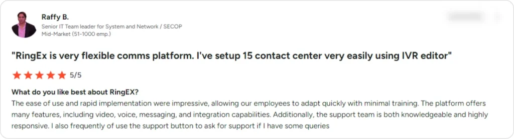 Five-star review from Raffy B. praising a flexible communications platform and easy contact center setup, highlighting features relevant to an AI phone answering system such as IVR editing and rapid implementation.