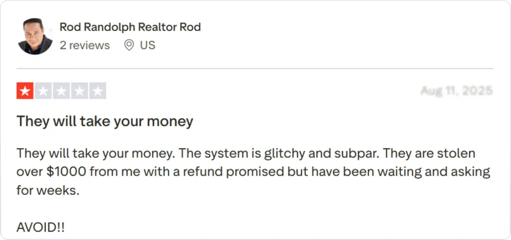 One-star customer review warning about issues and comparing it unfavorably to an AI phone answering system.