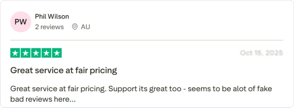 Five-star review praising good service and fair pricing, noting better reliability similar to an AI phone answering system.
