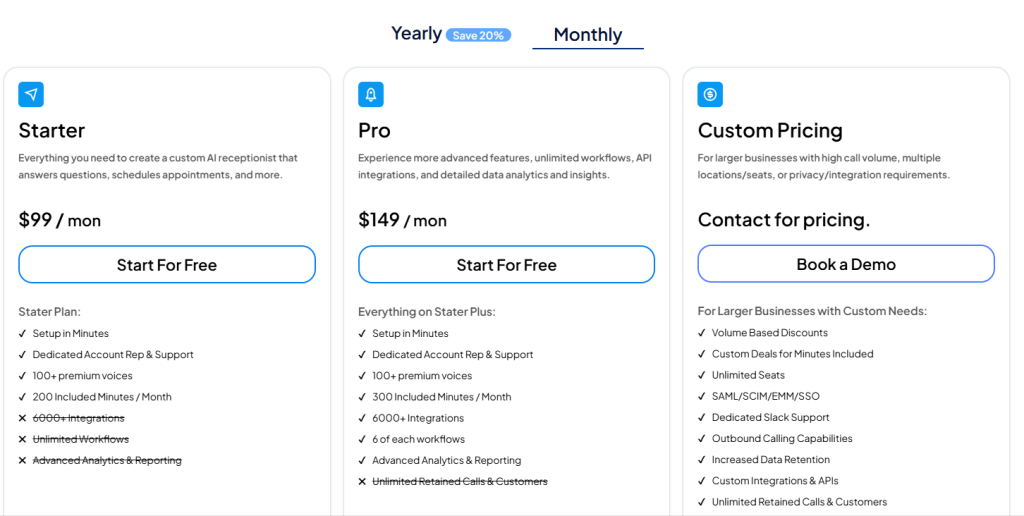 My AI Front Desk Pricing plans